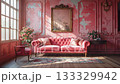 Shabby chic living room with tufted pink velvet sofa and distressed walls. 133329942