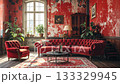 Elegant interior featuring red velvet sofa, armchair, distressed walls, and houseplants. 133329945