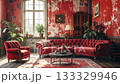 Elegant interior featuring red velvet sofa, armchair, distressed walls, and houseplants. 133329946
