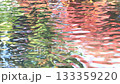 The surface of a pond with a fountain rippling, reflecting autumn and green leaves. [Fixed] 133359220