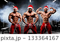 Muscular men in Santa hats flexing their muscles in a gym setting, showcasing strength and holiday spirit, with dynamic camera movement capturing the action 133364167