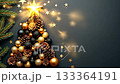 Festive Christmas tree arrangement with golden star and ornaments, showcasing a gradual light effect, camera zooms in to highlight details and ambiance 133364191