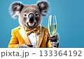Koala in a stylish yellow suit holds a champagne glass, showcasing a playful celebration vibe, with a gradual zoom in on the cheerful expression 133364192