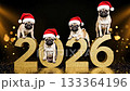 Four adorable pugs wearing Santa hats celebrate the New Year 2026, playfully positioned on golden numbers, with festive bokeh background enhancing the joyful atmosphere 133364196