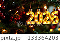 Glimmering holiday decorations showcase illuminated numbers 2020 to 2026 on a Christmas tree, capturing festive spirit with a smooth camera zoom in 133364203