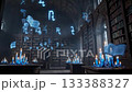 An enchanting and mystical library filled with floating books and softly glowing candles 133388327