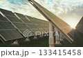 Row of solar panels on a solar energy farm under sunset. Clean green energy 133415458