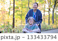 落ち葉の中秋の屋外で介護する女性と車椅子の高齢者の動画、訪問介護や散歩などの外出イメージ　 133433794