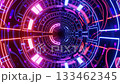 Hi-tech neon sci-fi tunel. Trendy neon glow lines form pattern and construction in mirror tunnel. Fly through technology cyberspace. Neon rings. 3d looped seamless 4k bright youth background. 133462345
