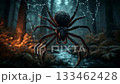 Creepy spider dangling on web in misty forest, Halloween night 133462428