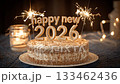 Golden Happy New 2026 candles with sparklers on cake, celebration 133462436