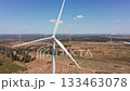 vast barren plains hosting towering wind energy generators under open sky, expansive arid terrain dotted with towering turbines and gentle rotating blades. concept of renewable green energy 133463078