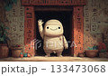 Smiling mummy character waving from a friendly tomb with hieroglyphics on the wall 133473068