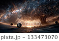 Tree of light sprouting in galactic void, glowing root tentacles touching planets and stars. 133473070