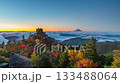 Timelapse of the autumn Okuchichibu Mountains, Tengu Rock with its autumn leaves, and the Sword of the Sky shining in the morning sun, and Mount Fuji at dawn 133488064