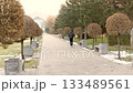 Ambient clip for wellness and meditation quiet park person walking away soft light camera movement slowly following theme stress relief mindful walking 133489561