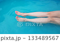 Beauty and wellness content feet with pedicure resting in pool clear blue water camera movement slow background for spa ads self care and summer lifestyle 133489567