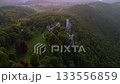 Drone footage of Schloss Lichtenstein Wuerttemberg, Germanys fairy tale castle near Reutlingen. Stunning sunset over the Swabian Jura with scenic valley and lush forest. Maerchenschloss Wuerttembergs 133556859