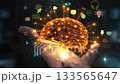 Hand holding glowing AI brain network technology 133565647