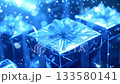 Shiny blue gift boxes with ribbons sparkling under magical falling snow and shimmering lights, creating a festive and celebratory holiday atmosphere ideal for winter seasonal greetings 133580141