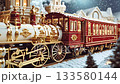 Magical miniature steam train with gold details traveling on a railway through a charming, snowy christmas village at night, evoking a festive and whimsical holiday atmosphere with falling snow 133580144
