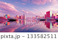 Dreamlike pastel landscape in pink and blue vaporwave colors with abstract futuristic buildings by the water and reflection 133582511