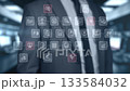 Businessman interacting with modern technology flowchart network interface 133584032