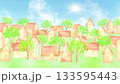 Watercolor loop animation of a lush summer cityscape with blue sky and shining sun. 133595443