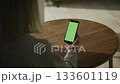 Person holding smartphone with vertical green screen 133601119