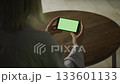 Person holding smartphone with horizontal green screen 133601133