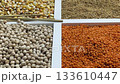 Colorful assortment of grains and pulses on display in a local market in the afternoon sun 133610447
