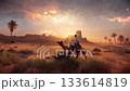 Man riding camel in desert at sunset with ancient fortress. Man riding camel in desert at sunset with ancient fortress. 133614819
