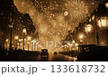 Vintage-style New Year's Eve fireworks over a sepia-toned cityscape with antique cars and old-fashioned street lamps 133618732