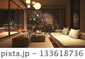 New Year's Eve fireworks illuminate the sky, viewed from a cozy, neutral-toned living room 133618736