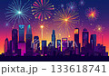 Minimalistic cityscape with bold, solid color fireworks in a modern and stylish design 133618741