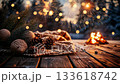 New Year's Eve fireworks over rustic wooden deck with nature elements and earthy textures 133618742