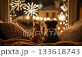 New Year's Eve fireworks through a cozy living room window with a cat and dog watching in wonder 133618743