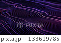 Flowing striped wave landscape formed by glowing neon lines gently bending across a dark background.  Abstract field of luminous streaks with purple, blue and pink glow effect. Seamless loop 4K 60fps 133619785