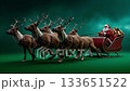 A santa claus riding in a sleigh pulled by reindeers on a green background 133651522