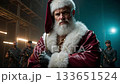 A man in a santa claus outfit standing in front of a group of soldiers 133651524