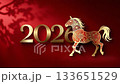 A golden horse on a red background with the year of the horse in the background 133651529
