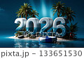 A 3D rendering of the number 2026 on a small island surrounded by palm trees 133651530