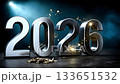 A 3D rendering of the numbers 2026 and a pile of gold coins on a dark background 133651532