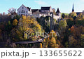 Panoramic aerial view of the Rhine Falls and Laufen Castle in Schaffhausen in autumn. Neuhausen, Canton of Schaffhausen, Switzerland 133655622