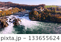 Panoramic aerial view of the Rhine Falls and Laufen Castle in Schaffhausen in autumn. Neuhausen, Canton of Schaffhausen, Switzerland 133655624