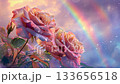 Beautiful colorful pink roses against a background of fabulous fog and beautiful raindrops. Romantic dreamy mood, Amazing world. Nature. Beautiful raindrops. Close-up. beautiful rainbow. Banner 133656518