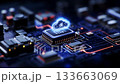 A computer motherboard with a cloud computing icon on top of it 133663069
