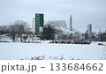 Large industrial building with a green roof sits in a snowy landscape 133684662