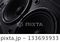 Studio subwoofer audio speakers playing loud sound. 3d animation 133693933