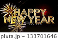 Brilliant gold text "Happy New Year" on a black sky background, accented by bursts of colorful, spectacular fireworks 133701646